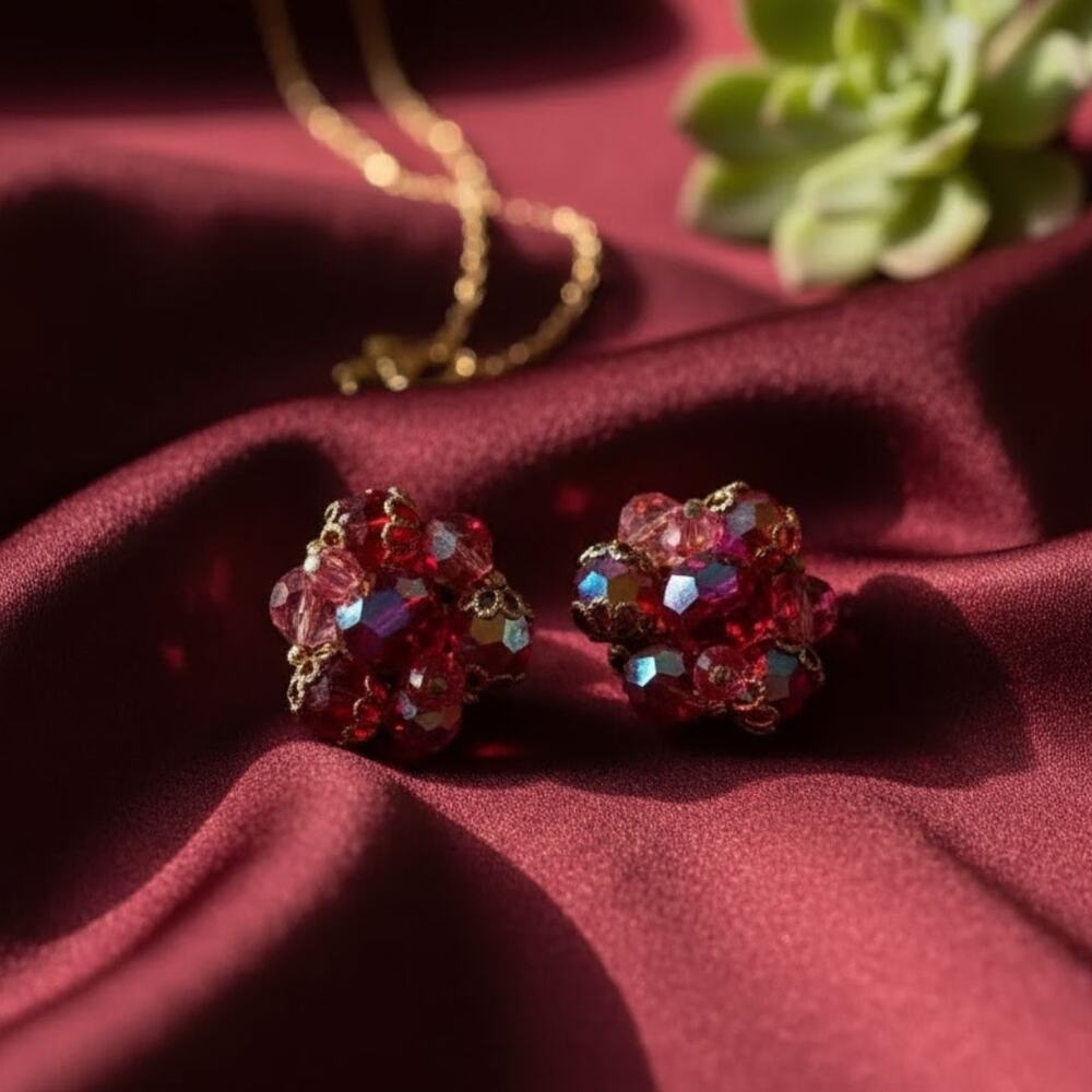 Vintage Cluster Jewel Clip On Earrings Red